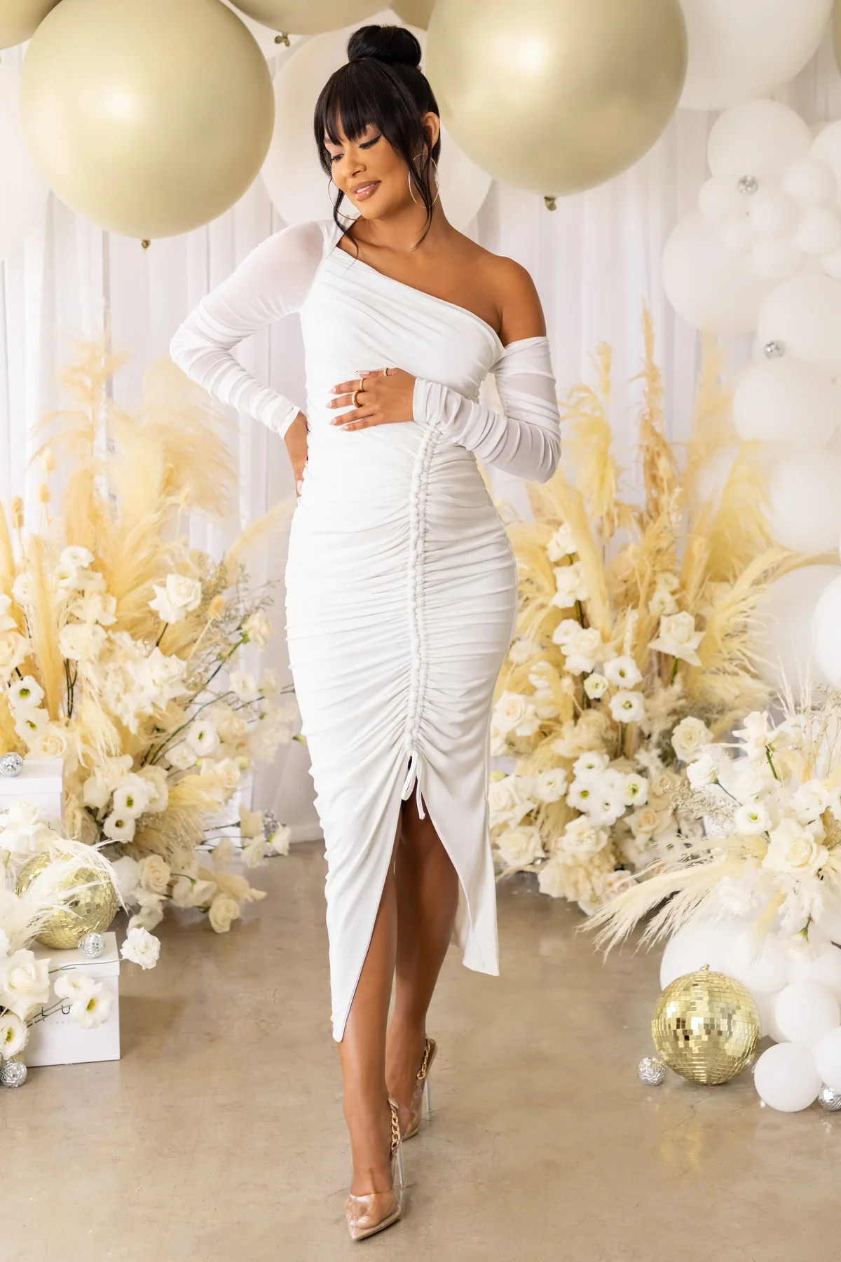 Sweet Dreams | White Maternity Asymmetric Ruched Midi Dress | Club L London