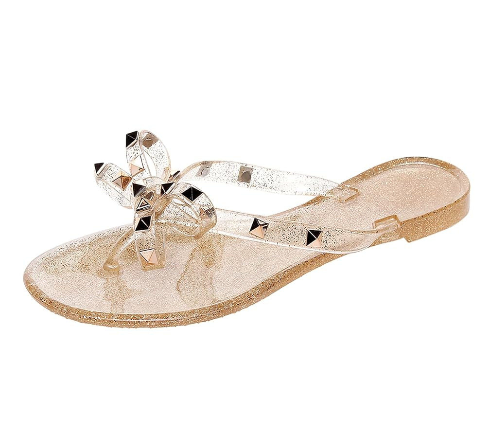 Studded Jelly Shoes for Womens Bow Flip Flops Jellies Sandals Flat Black Summer Beach Thong with ... | Amazon (US)
