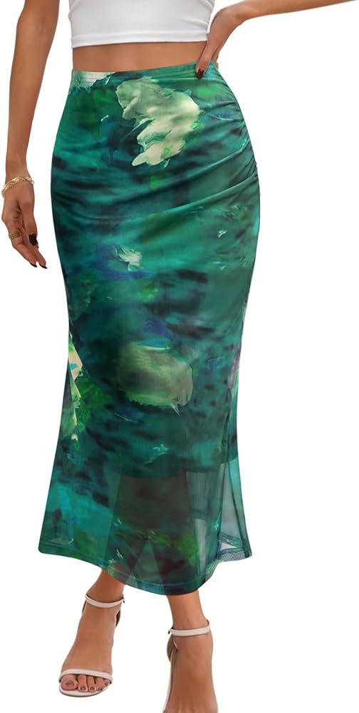 MEROKEETY Women's Summer Floral Mesh Midi Skirt 2026 Casual Trendy High Waist Ruched Boho Skirts | Amazon (US)