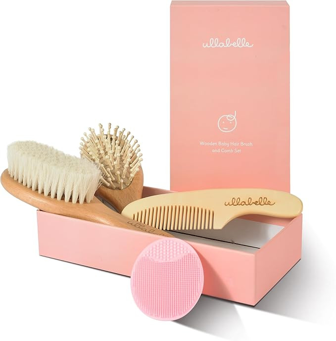 4 Piece Wooden Baby Hair Brush and Comb Set for Newborns & Toddlers in Chic Gift Box - Ultra Soft... | Amazon (US)