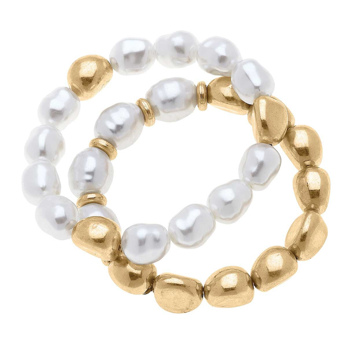 Amber Baroque Pearl & Ball Bead Stretch Bracelets in Ivory - Set of 2 | CANVAS