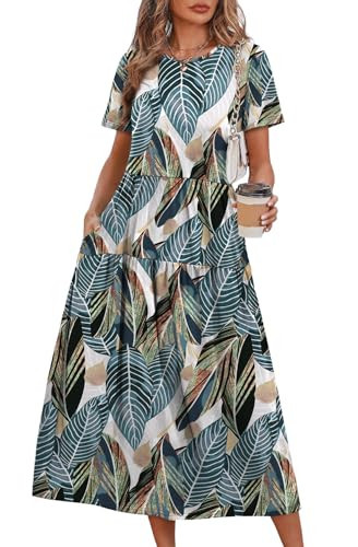 OFEEFAN Hawaiian Dresses for Women Beach Dresses for Women Maxi Dress Vacation Outfits Beach Vacation Clothes Green Leaf XL | Amazon (US)