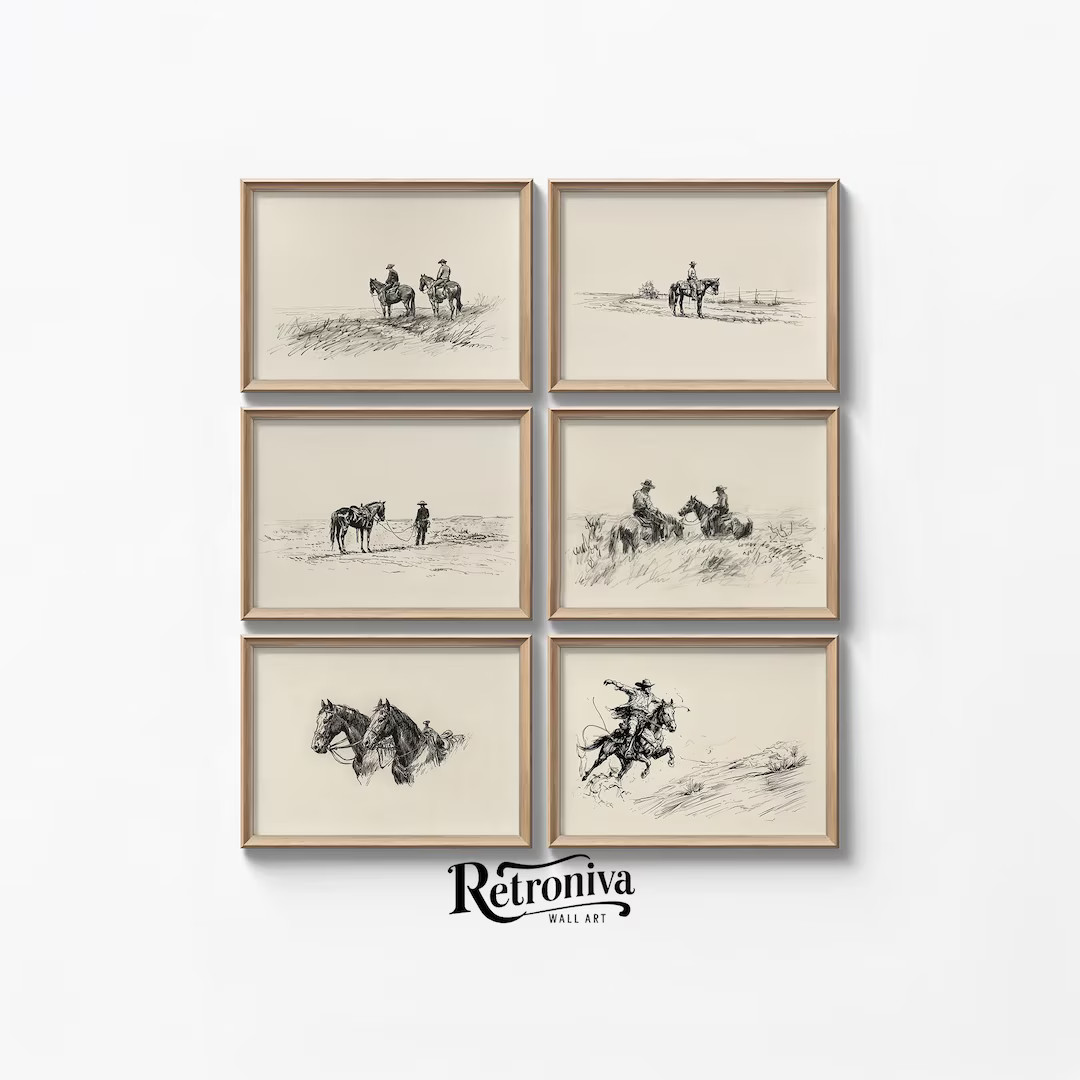 Vintage Cowboys and Horses Sketch Drawing Western Gallery Set | Horse Sketch Print Country Farmho... | Etsy (US)