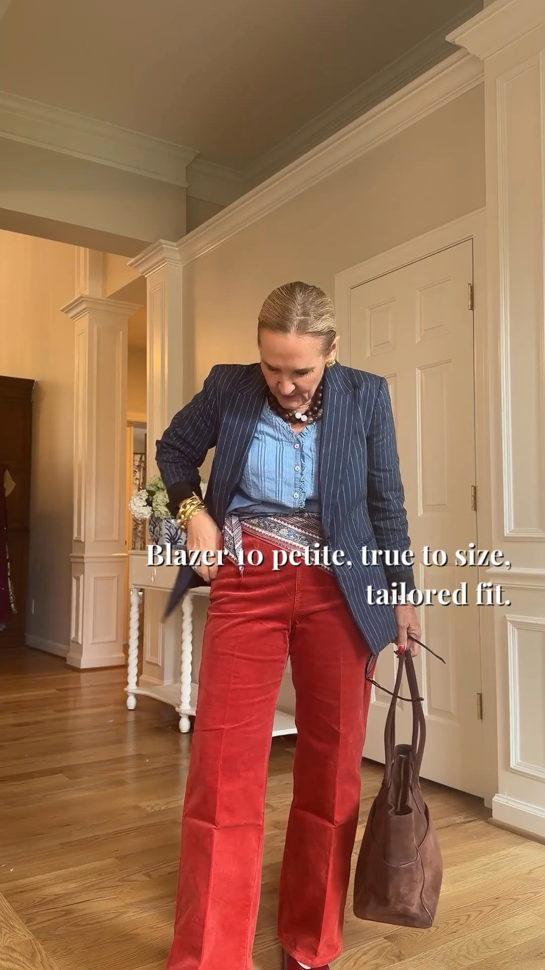 The red pants are a fun change from the usual neutral, and the blue blazer keeps them feeling grounded. I’m in a 10 petite blazer, small blouse, and medium petite pants.

#LTKootd #LTKgrwm #LTKOver40