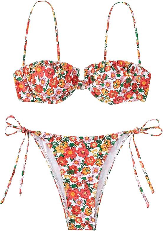 WDIRARA Women's Floral Print Underwired Tie Side 2 Piece Bikini Set Cute Swimsuit | Amazon (US)