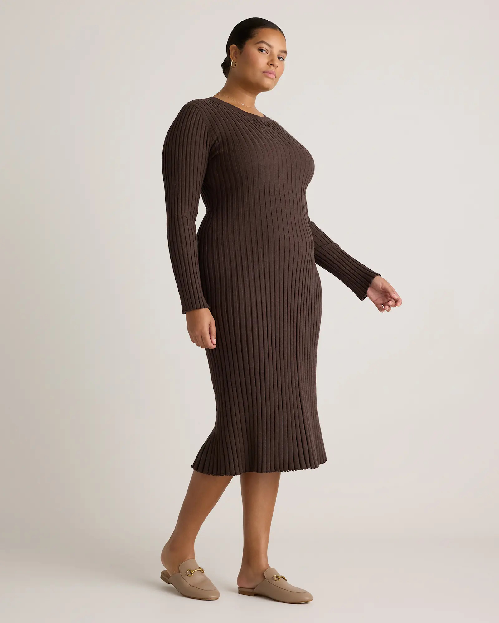 Cotton Cashmere Ribbed Long Sleeve Crew Midi Dress | Quince