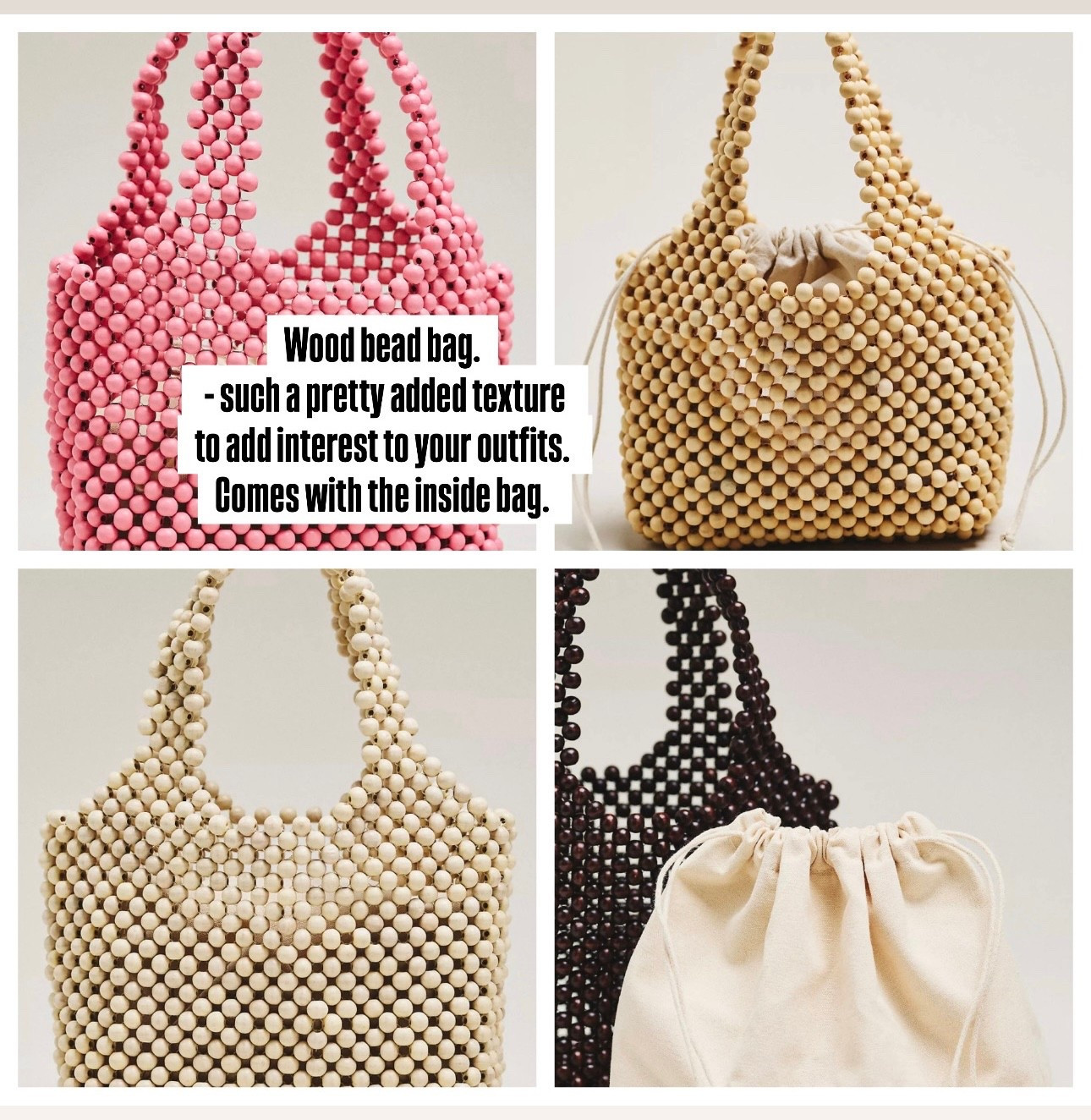 I ordered the natural color (top right)
Wood bead bag. Love the texture this will add to all outfits. 
Comes with the inner bag  

#LTKTravel #LTKSeasonal