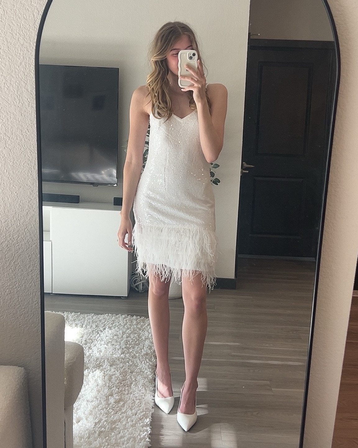 White sequins bachelorette dress with feathers, very comfortable wearing a small and have a little room! Also perfect for Vegas or any fun events! 

#LTKwedding