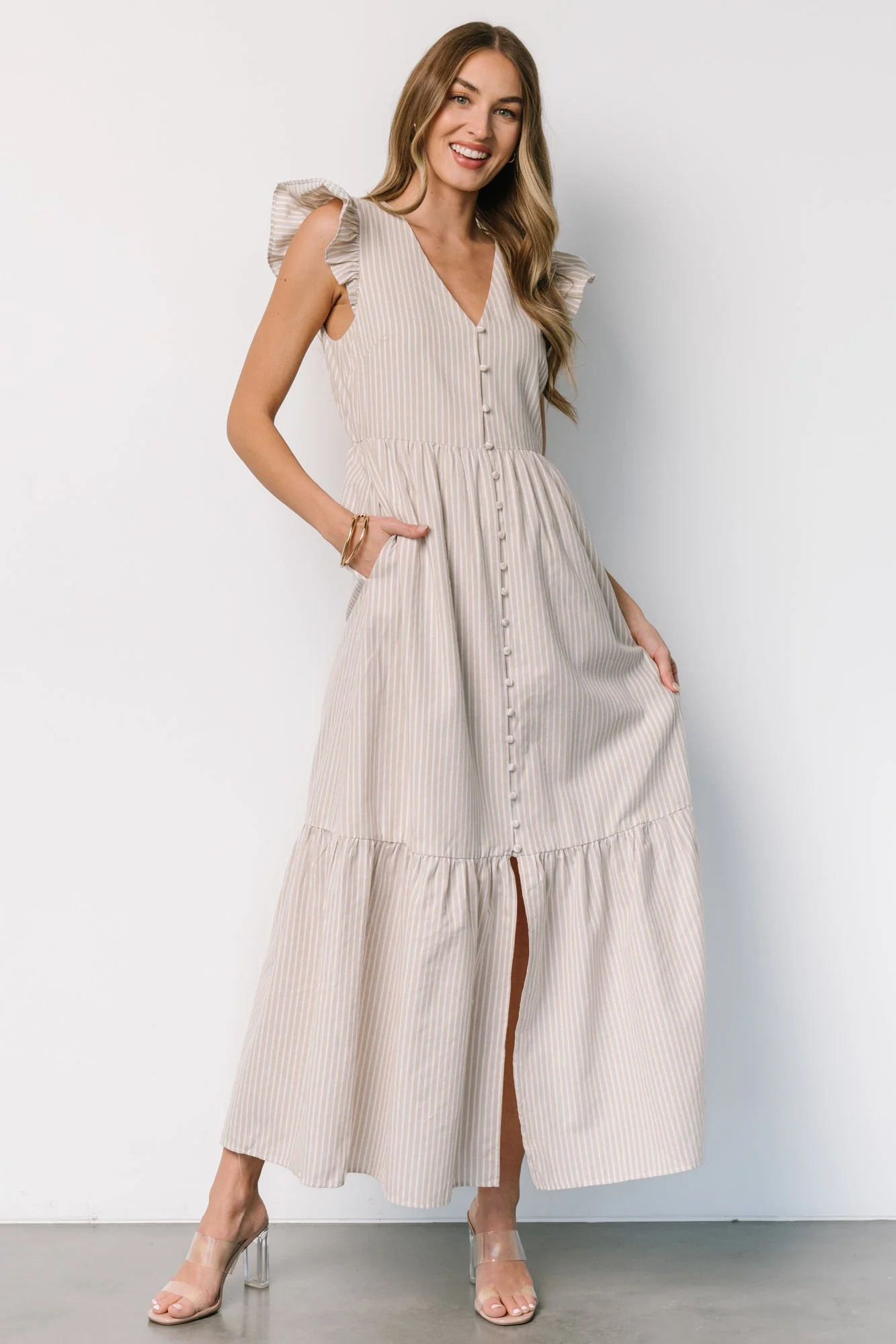 Hettie Button Maxi Dress | Beige Stripe | Baltic Born