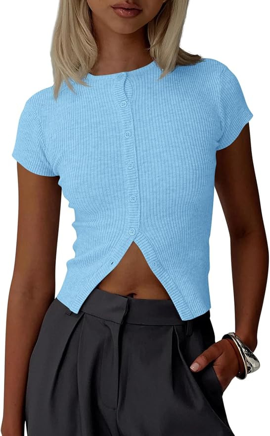Imily Bela Womens Short Sleeve Y2K Summer Tops Button Down Tshirt Ribbed Knit Slim Fit Sweater Cr... | Amazon (US)