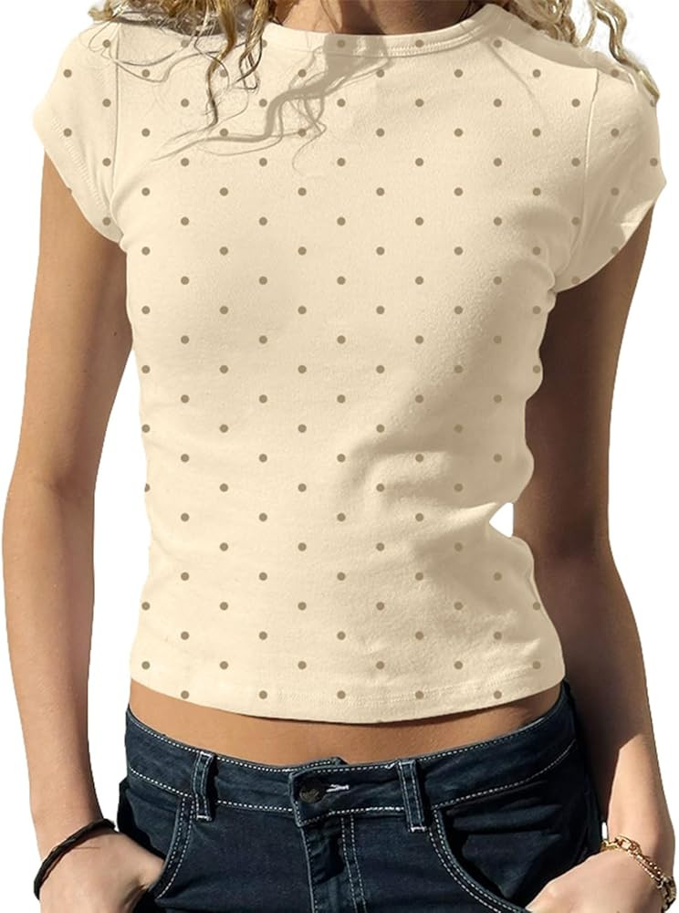 Cioatin Women Polka Dot Short Sleeve Crop Tshirt Tops Cute Girls Y2K Aesthetic Slim Fit Crewneck ... | Amazon (US)