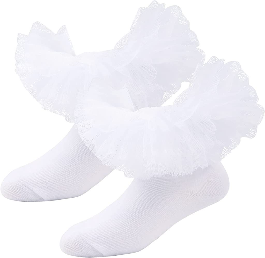 Girls Ruffle Socks Double Lace Frilly Dress Socks Kids Turn Cuff Socks for Toddler Little Girls 2... | Amazon (US)