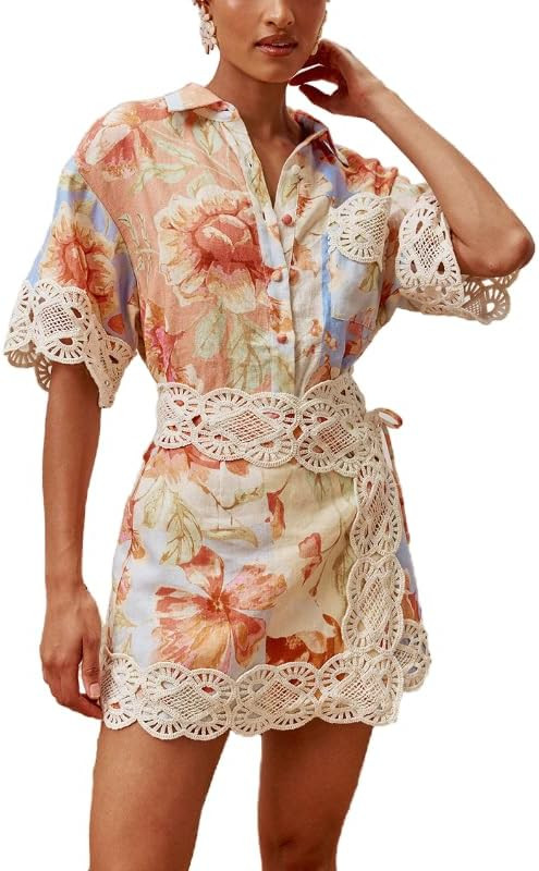 Women Going Out 2 Piece Set Sexy Lace Half Sleeve Lapel Button Down Shirt Tops and Skirts Set Cas... | Amazon (US)