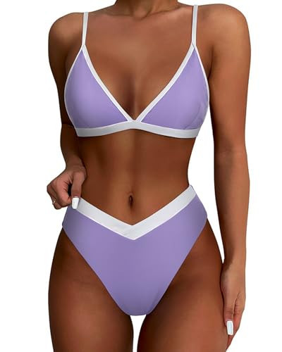 SUUKSESS Women Triangle High Cut Bikini Sets Sexy High Waisted Color Block Two Piece Swimsuits Push Up Bathing Suits(Purple White,M) | Amazon (US)