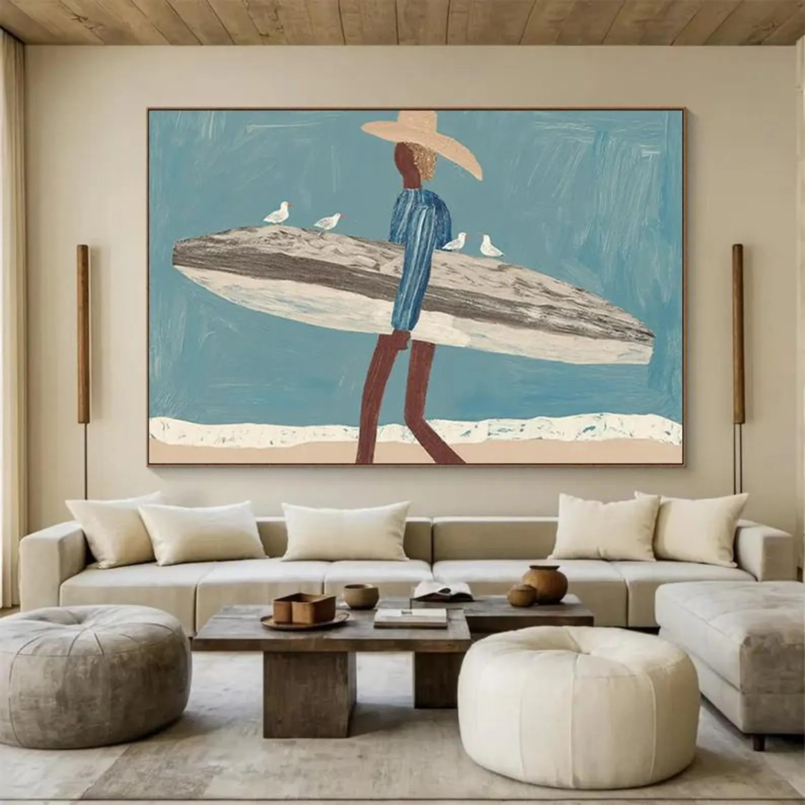 Stylized Figure Carry Surfboard With Seagulls Oil Painting Minimalist Textured Abstract Painting ... | Etsy (Global)