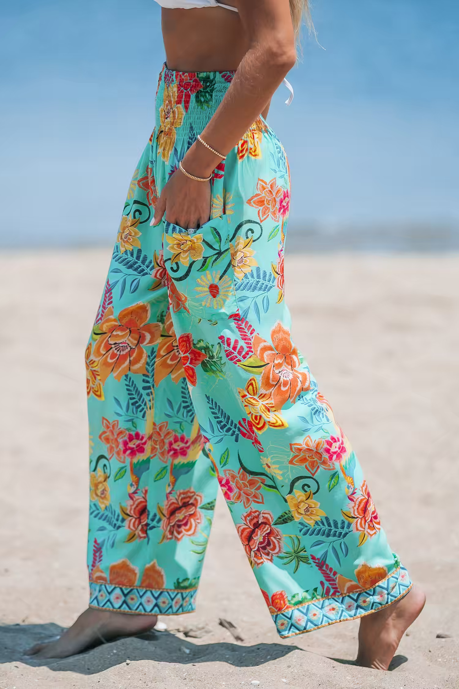 NewFloral Print Smocked High-Rise Pants | Cupshe US