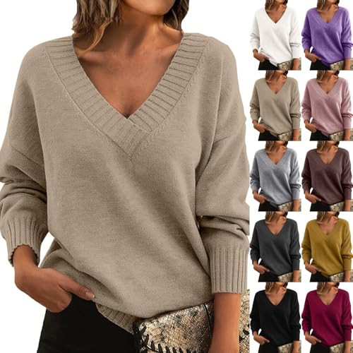 A-Beige Fall Sweaters for Women - Sexy V-Neck Knit Tops - Drop Shoulder Long Sleeve Pullover Oversized Sweaters - Lightweight Warm Jumper Tops - Trendy Classic Tunic Sweaters - Winter Clothes | Amazon (US)