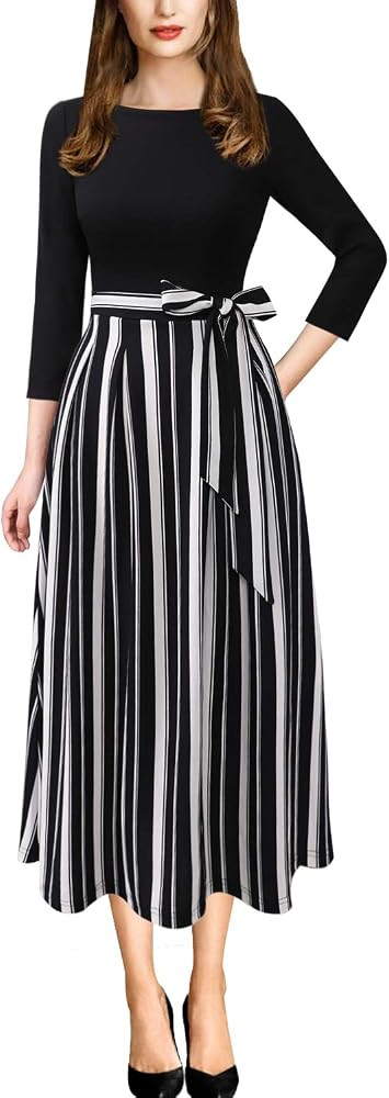 VFSHOW Womens Elegant Pockets Belted Work Business Office Casual Party Pleated A-Line Midi Dress | Amazon (US)