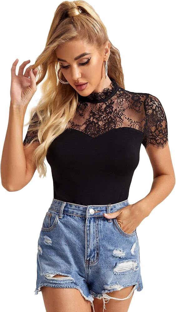 Romwe Women's Lace Short Sleeve Mock Neck Keyhole Back Slim Fit Blouse Tops | Amazon (US)