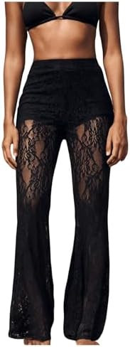 Women's Floral Lace Sheer Mesh Flare Pants Elastic High Waisted Long Trousers | Amazon (US)