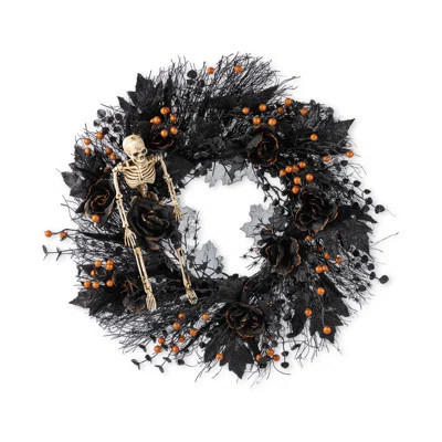 24"D Halloween  Black Rose, Skeleton And Berry Wreath Includes A Complimentary Black Metal Wreath Hanger | Birch Lane