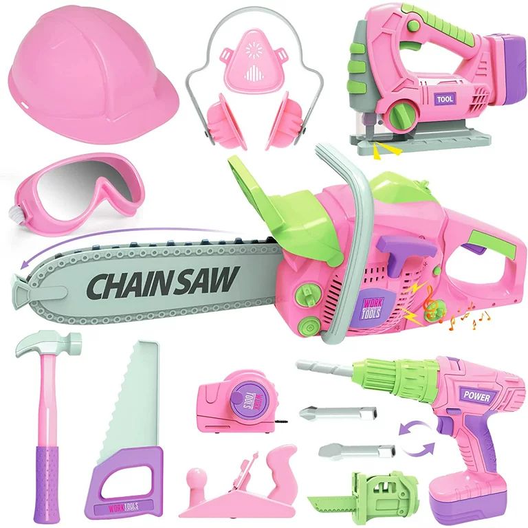 Kids Tool Set with Electric Toy Drill Chainsaw Jigsaw Toy Tools for Girl, Realistic Kids Power Co... | Walmart (US)