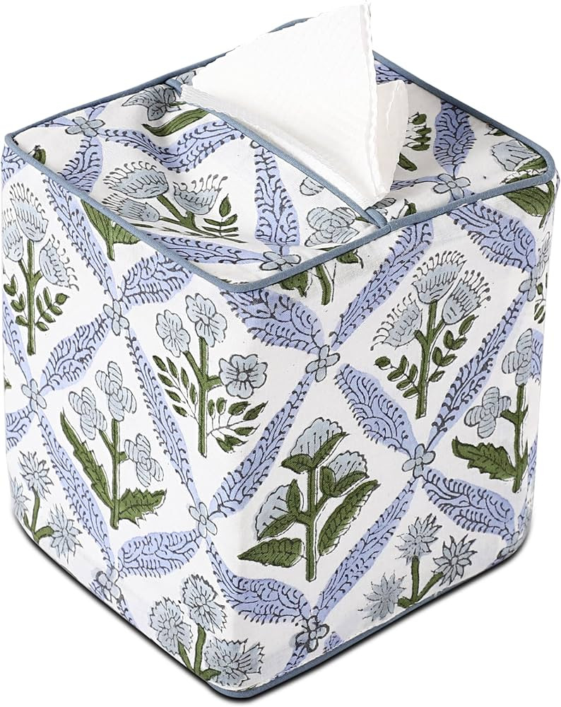 Ridhi Light Steel Blue Block Print Tissue Box Cover Handmade Cotton Fabric Decorative Square Napk... | Amazon (US)