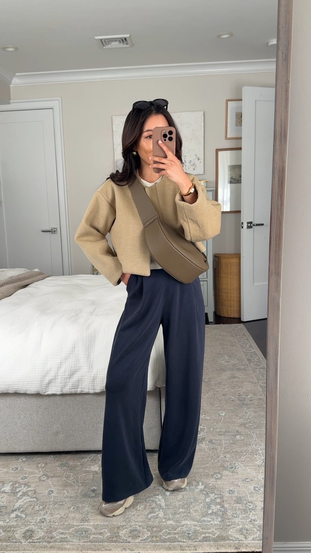 4 good amazon finds
• Soft wide leg lounge pants size xs in the shortest 27"  (petite friendly). A little loose on my waist and slightly long with sneakers for me at 5’.
• Cropped jacket size xs brown, VERY cropped fyi but I love it for my height. I removed the button and folded the sleeves under ￼
• leather crossbody sling bag
• Small wrist friendly watch, size small fits on narrow wrists, for reference my wrist size is about 5.5 inches around and this is a little loose on me, but works when I push it up ￼
• a favorite lululemon cropped cotton tee xxxs, but I could’ve easily done xxs
• New Balance 9060 sneakers kids size 4, fits like a women’s 6

• Madewell sunglasses

Petite friendly wide leg pants, easy mom outfit, running errands

#LTKPetite #LTKmomlife #LTKootd