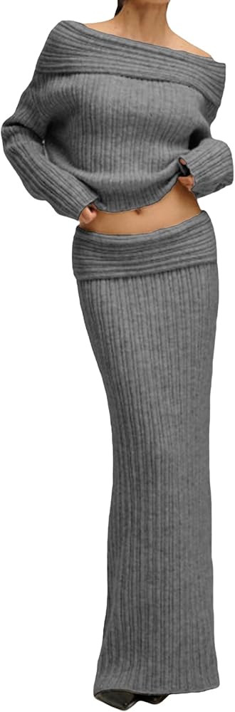 Unybwonn Skirt Sets Women 2 Piece Outfits off the Shoulder Sweater and Knitted Skinny Maxi Skirts... | Amazon (US)