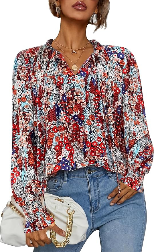HOTOUCH Womens Long Sleeve Tops Boho Floral Printed Blouses Casual V Neck Pleated Drawstring Peas... | Amazon (US)
