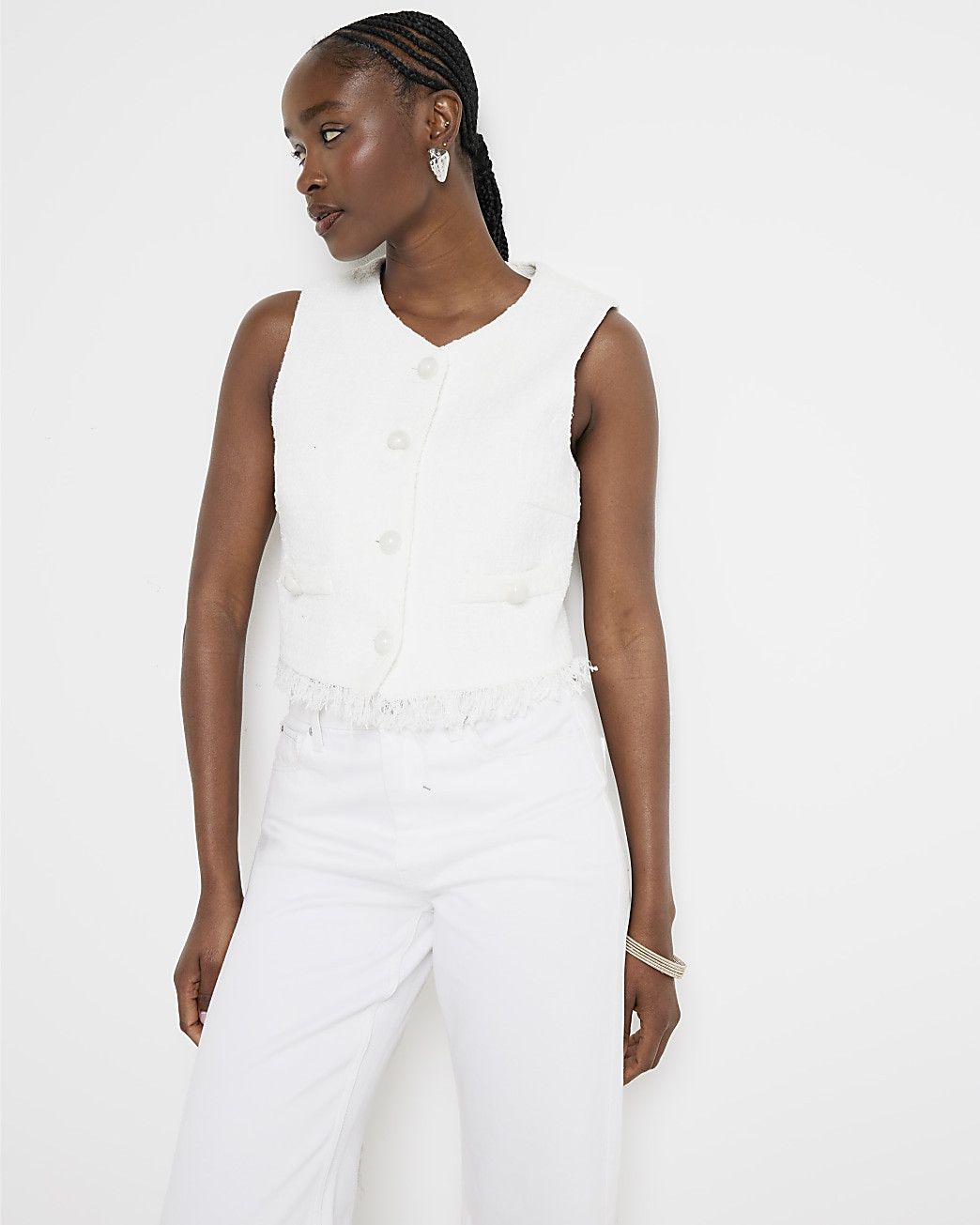 White Boucle Fringe Waistcoat | River Island (UK & IE)