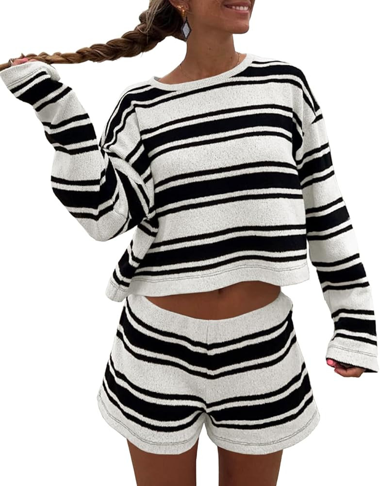 Langwyqu Womens Striped Pajama Sets Long Sleeve Crewneck Sweater Top and Shorts 2 Piece Outfits L... | Amazon (US)