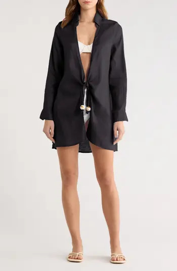 Elan Tie Front Long Sleeve Linen Cover-Up | Nordstrom | Nordstrom