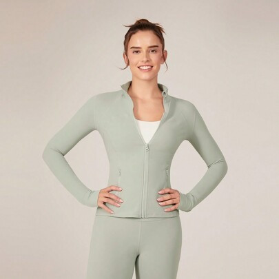 FeatherFitâ¢ Slim-It Streamline Performance Secure Pockets Zip Up Long Sleeve Jacket Low Impact Yoga Daily Fall | SHEIN