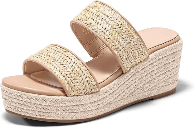 Coutgo Womens Platform Wedge Sandals Espadrille Raffia Heeled Slides Open Toe Two Band Summer Bea... | Amazon (US)