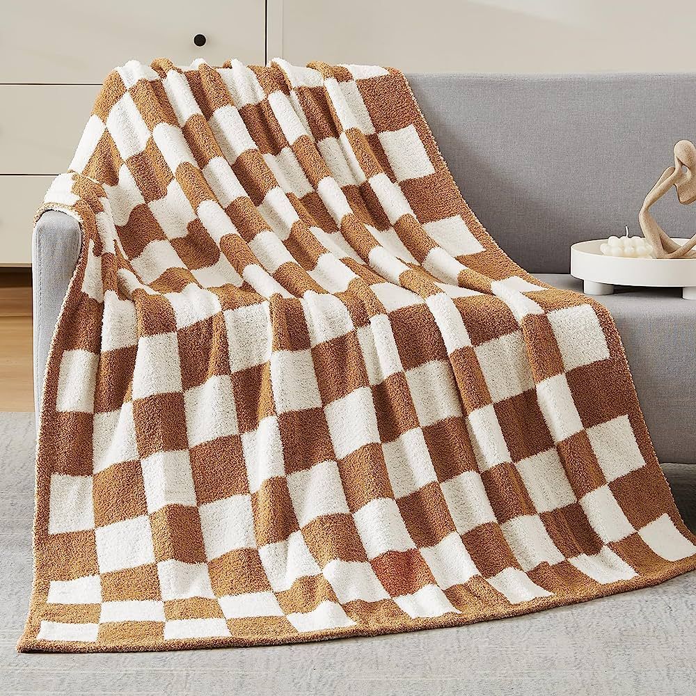 WRENSONGE Checkered Throw Blanket, Burnt Orange Microfiber Soft Cozy Fluffy Warm Hand Made Throw ... | Amazon (US)