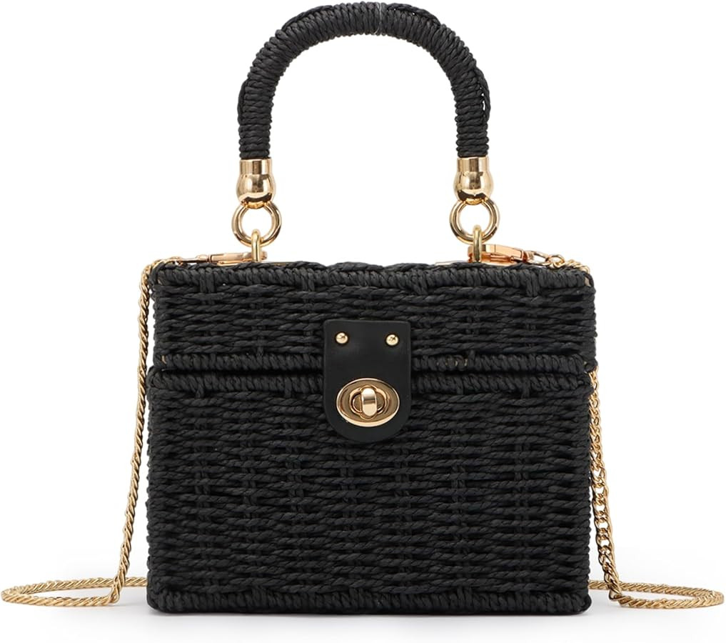 Women Handwoven Rattan Handbag Beach Straw Tote Bag Square Boho Crossbody Bag | Amazon (US)