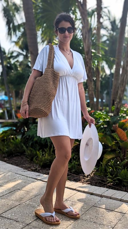 Pool day outfit. Beach outfit. White bikini. White cover-up dress. Large boho beach bag. Cute Beach sandals. White beach hat. Large dark sunglasses. White flower hair clip. #LTKfind

#LTKSeasonal #LTKswim #LTKstyletip