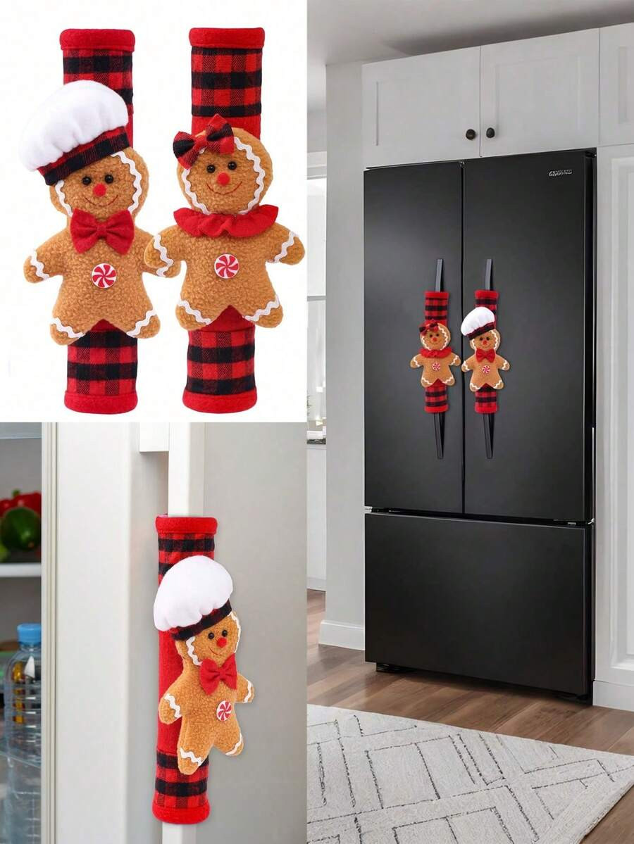 2pcs-Christmas Gingerbread Man Refrigerator Door Handle Cover, Fashionable Personalized Oven Hand... | SHEIN