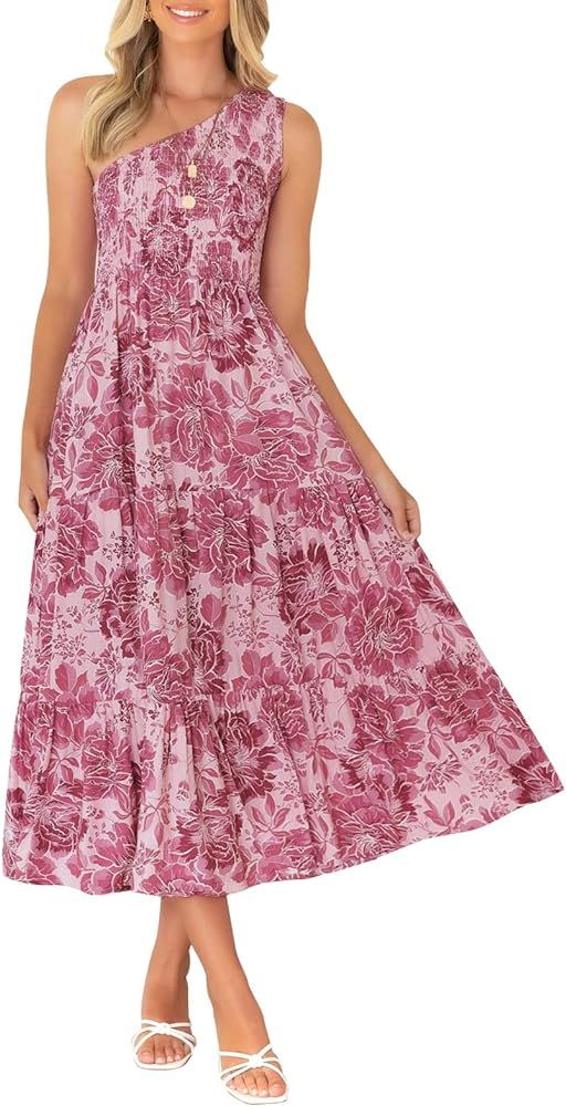 ZESICA Women's 2023 Bohemian Summer Floral Print One Shoulder Sleeveless Smocked Ruffle Tiered Be... | Amazon (US)