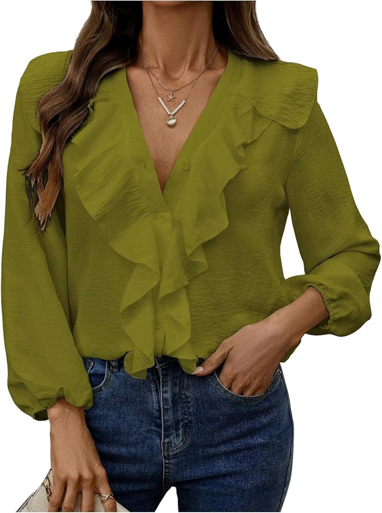 GORGLITTER Women's Ruffled Top Blouses Dressy Business Casual Button Up Long Sleeve V Neck Shirts... | Amazon (US)