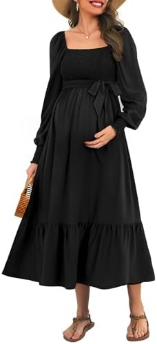 Maternity Dress for Baby Shower - 2025 Fall Spring Photoshoot Smocked Square Neck Pregnancy Weddi... | Amazon (US)