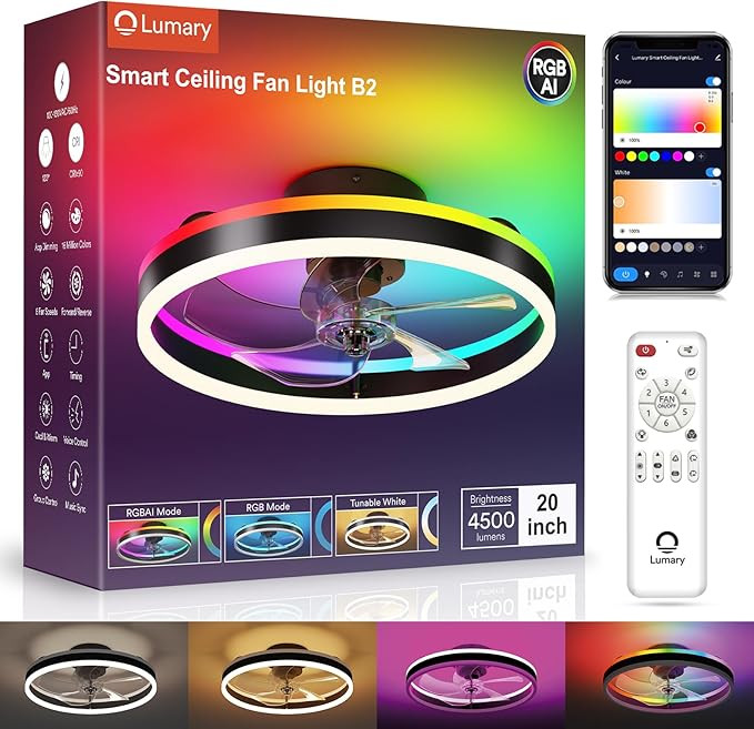 Lumary Smart WiFi Ceiling Fans with Lights, RGBAI Flush Mount Ceiling Fans with Lights and Remote... | Amazon (US)