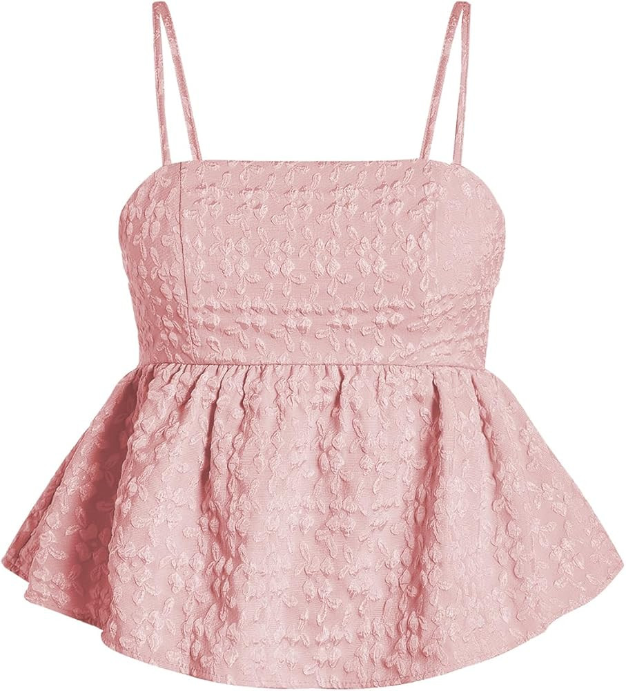 SOLY HUX Women's Spaghetti Strap Ruffle Hem Peplum Cami Top Jacquard Camisole | Amazon (US)
