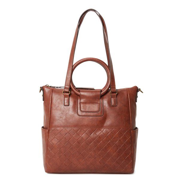 Time and Tru Women's Giselle Faux Leather Convertible Tote Handbag Brown - Walmart.com | Walmart (US)
