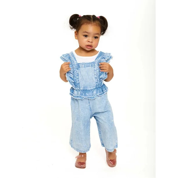 Wonder Nation Toddler Girl Sleeveless Ruffled Denim Romper, Sizes 18M-2T | Walmart (US)