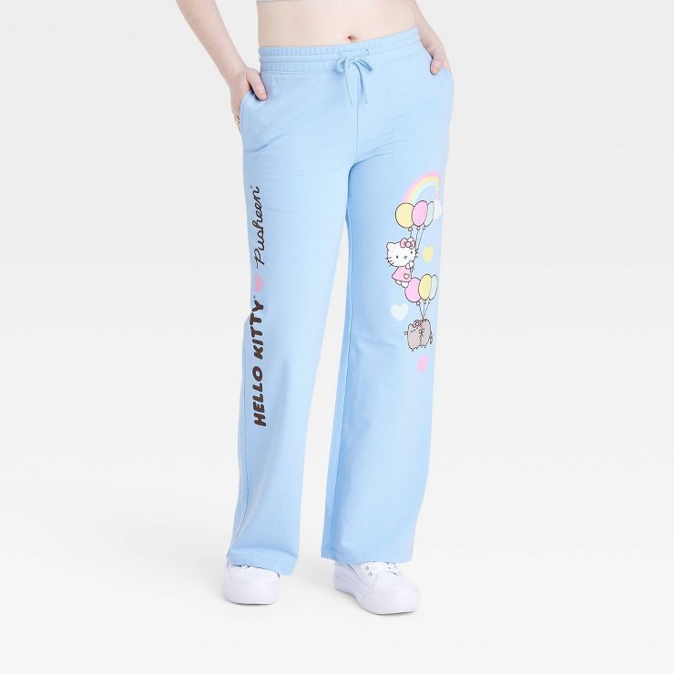 Women's Hello Kitty and Pusheen Graphic Flare Leg Lounge Pants - Blue | Target