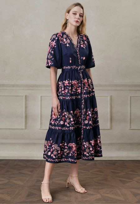 Falling Pink Blossom V-Neck Belted Buttoned Midi Dress | Chicwish