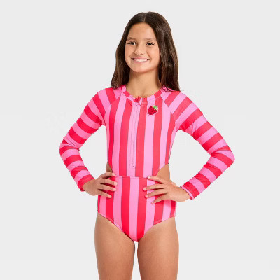 Girls' Long Sleeve Beach Umbrella Striped One Piece Swimsuit - Cat & Jack™ Pink M | Target
