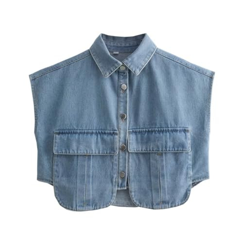 Fenghualzzniya Jean Vests for Women Cropped Denim Top Button Down Vest Tank Tops Y2K Oversized Jean Jacket with Pockets, Blue, Small | Amazon (US)